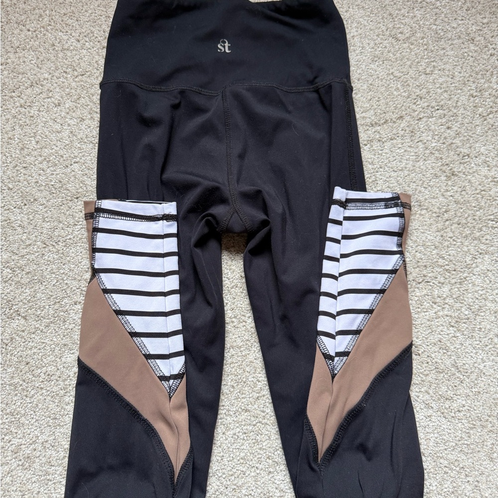Strut This Black Leggings with tan stripe detail